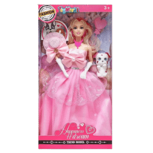 Κούκλα μόδας με ροζ φόρεμα τουαλέτα και σκυλάκι αξεσουάρ