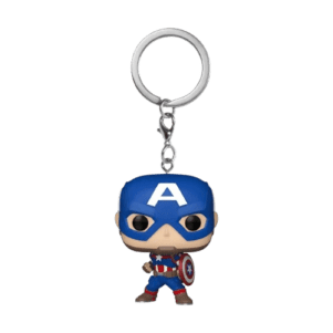 Το μπρελόκ Funko POP του Captain America με την κλασική μπλε στολή και την ασπίδα με το αστέρι, προσαρμοσμένο σε ασημένιο μεταλλικό κρίκο
