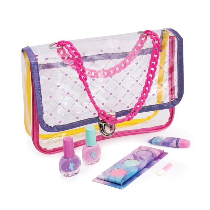 Σετ Μακιγιάζ σε Τσάντα Ώμου με Αλυσίδα (6+) 2 Παιδικό σετ μακιγιάζ HappiHobbi σε διάφανη τσάντα με αλυσίδα, σκιές και μανό open