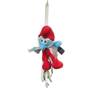 Πασχαλινή λαμπάδα με λούτρινο Μπαμπαστρούμφ και πράσινο διακοσμητικό αυγό.